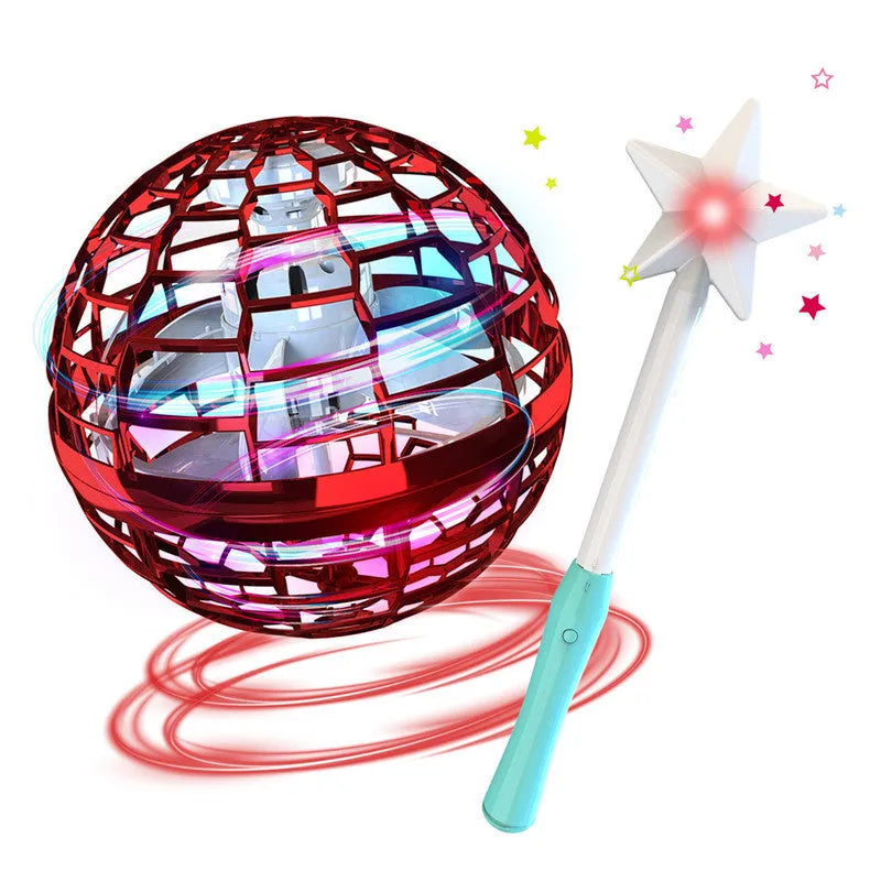 Blue LED spinning flying ball toy and magic wand set on a neutral background.