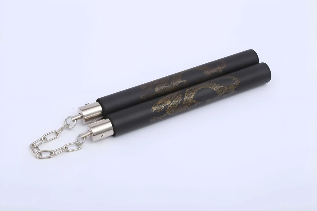 Red sponge training nunchakus showing 28cm foam-padded sticks connected by iron chain