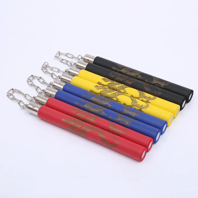 Red sponge training nunchakus showing 28cm foam-padded sticks connected by iron chain