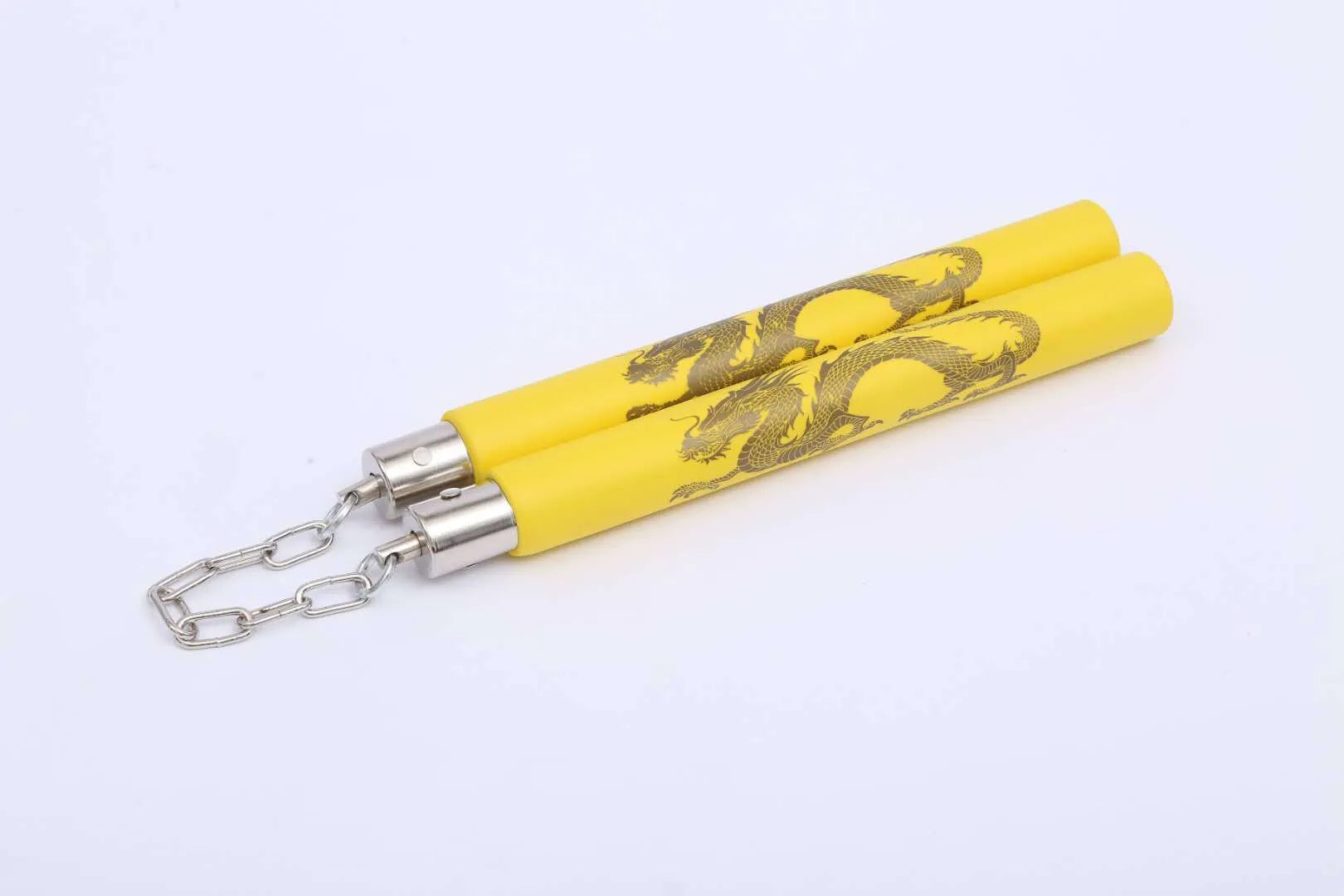 Red sponge training nunchakus showing 28cm foam-padded sticks connected by iron chain