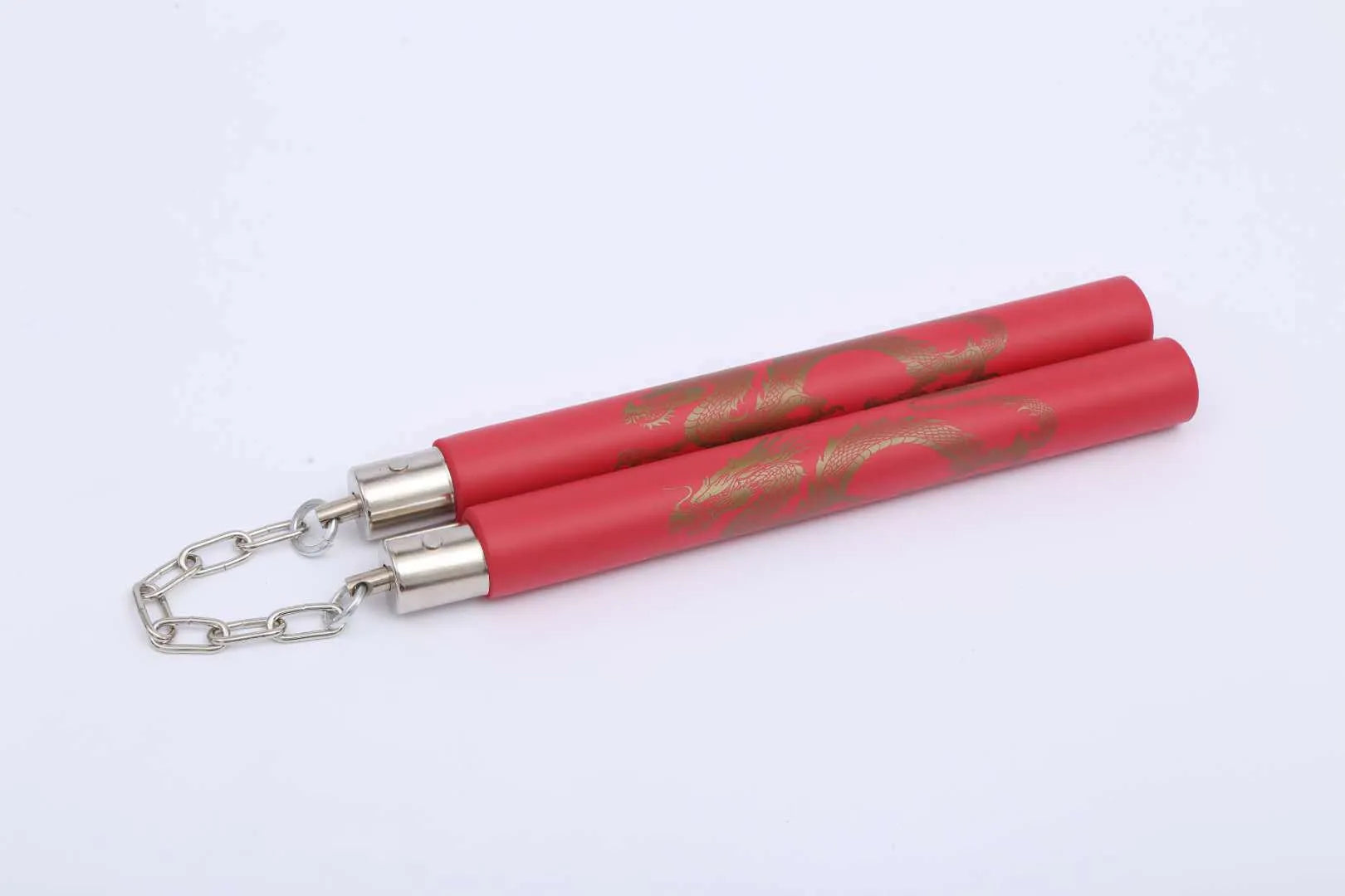 Red sponge training nunchakus showing 28cm foam-padded sticks connected by iron chain