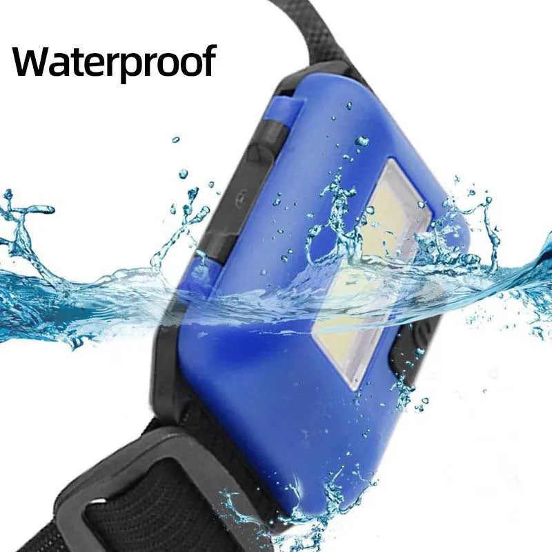 Outdoor mini COB LED headlight in black with adjustable polyester strap and 3W bulb