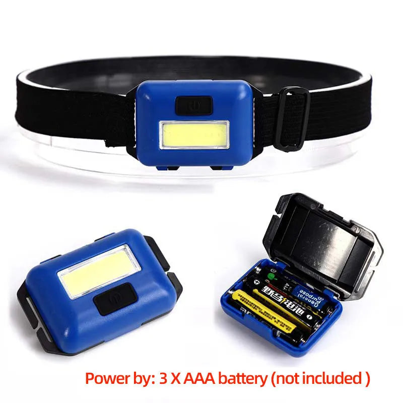 Outdoor mini COB LED headlight in black with adjustable polyester strap and 3W bulb