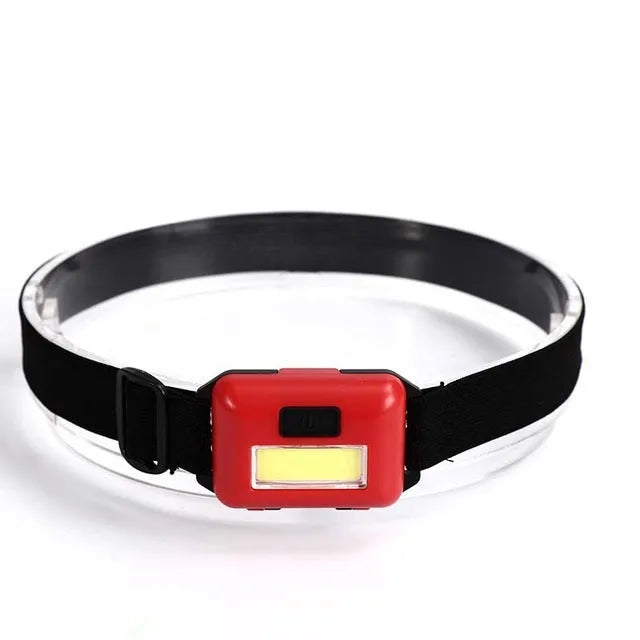 Outdoor mini COB LED headlight in black with adjustable polyester strap and 3W bulb