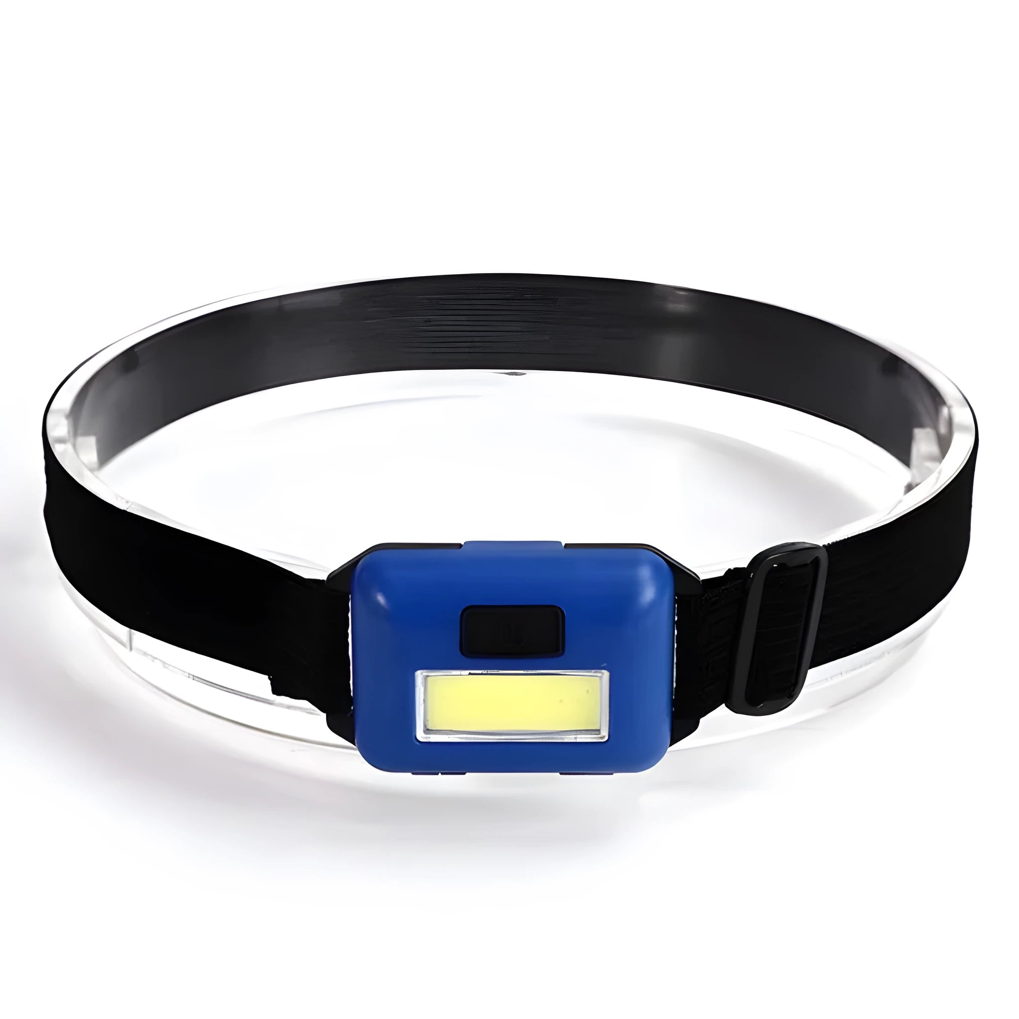 Outdoor mini COB LED headlight in black with adjustable polyester strap and 3W bulb