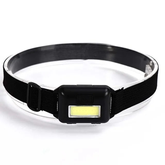 Outdoor mini COB LED headlight in black with adjustable polyester strap and 3W bulb