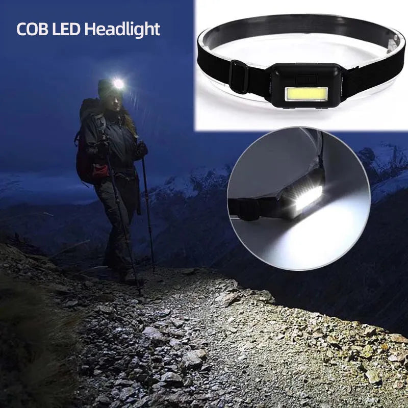 Outdoor mini COB LED headlight in black with adjustable polyester strap and 3W bulb