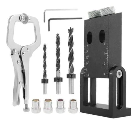 Black aluminium alloy woodworking perforation locator tool with drill bits and sleeves