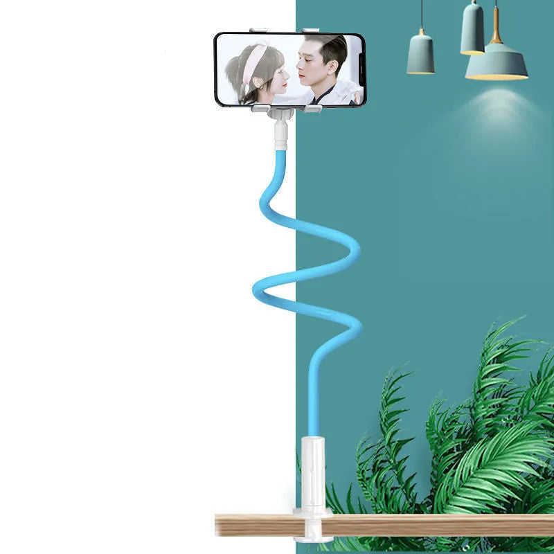 Blue bedside mobile phone holder with bendable memory alloy hose holding a smartphone