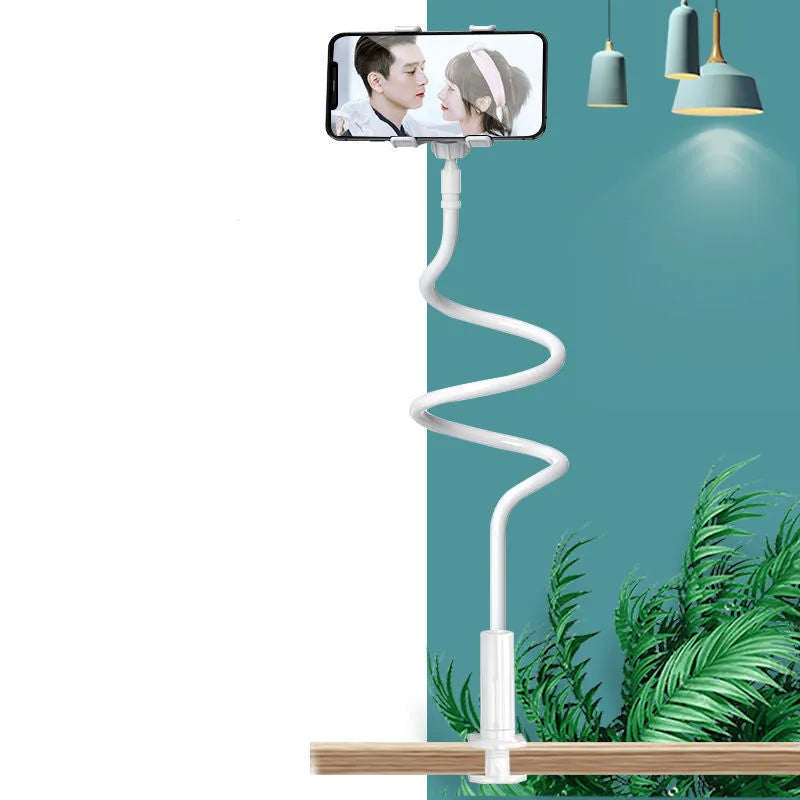 Blue bedside mobile phone holder with bendable memory alloy hose holding a smartphone