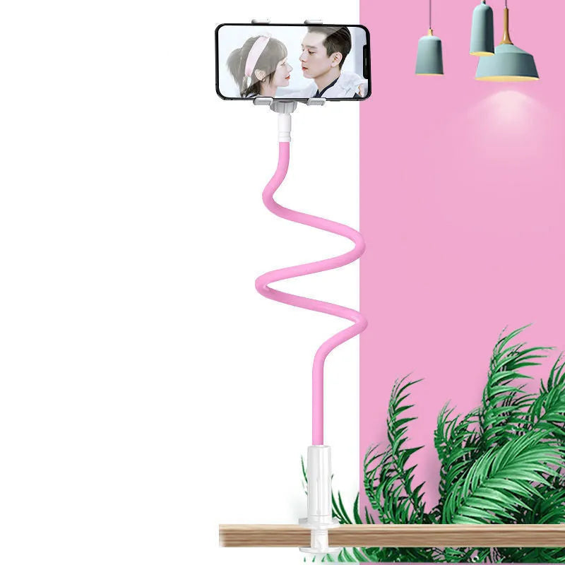 Blue bedside mobile phone holder with bendable memory alloy hose holding a smartphone