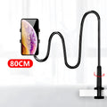 Blue bedside mobile phone holder with bendable memory alloy hose holding a smartphone