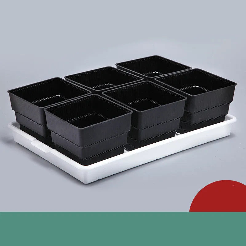 Meishi Controlled Root Flower Pot showing black and white resin pots with tray