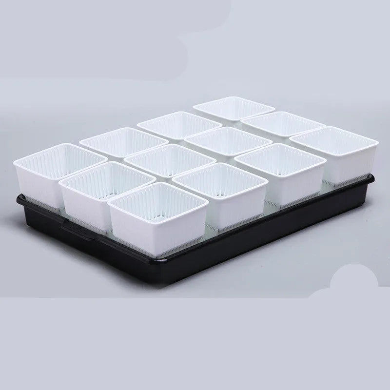 Meishi Controlled Root Flower Pot showing black and white resin pots with tray