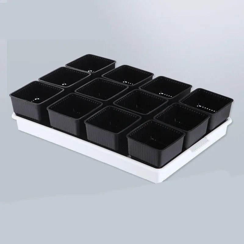 Meishi Controlled Root Flower Pot showing black and white resin pots with tray