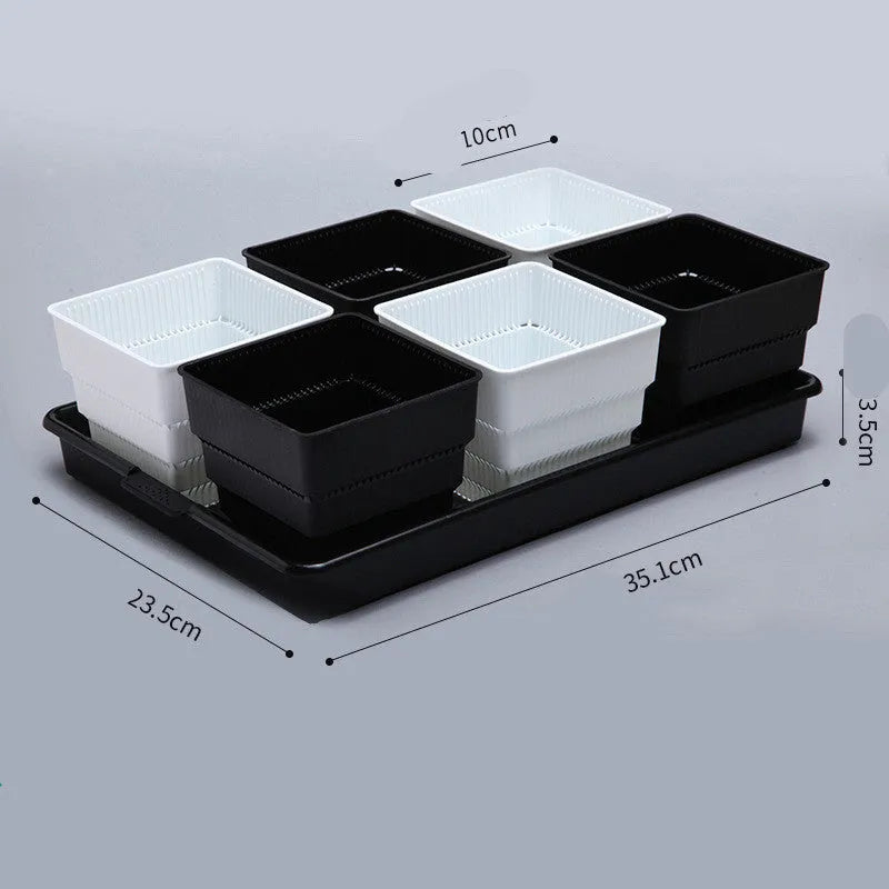 Meishi Controlled Root Flower Pot showing black and white resin pots with tray