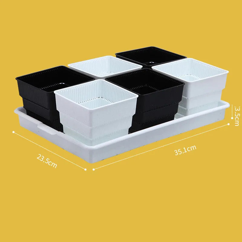 Meishi Controlled Root Flower Pot showing black and white resin pots with tray
