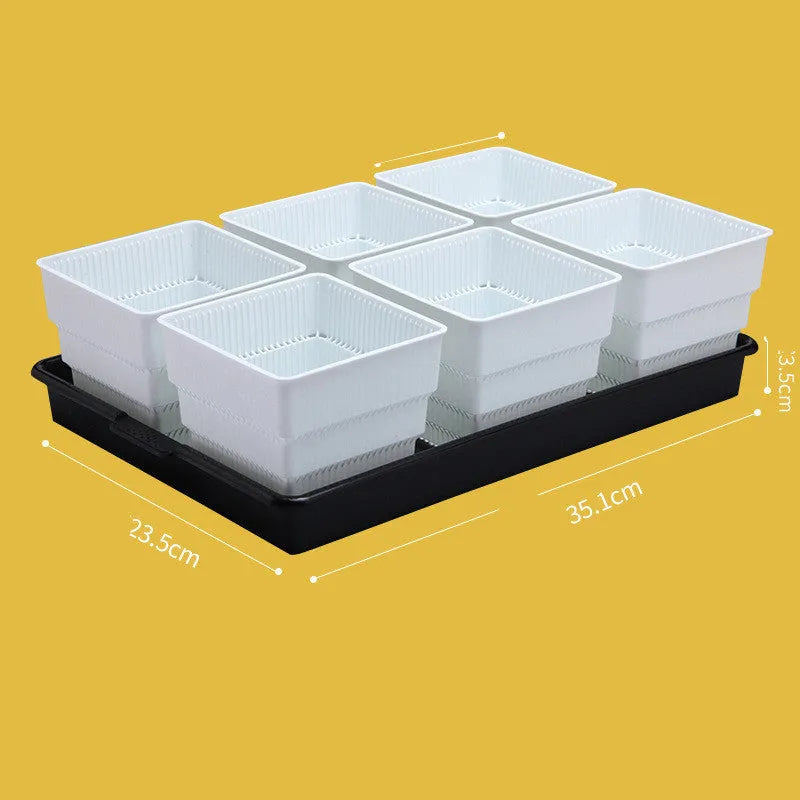 Meishi Controlled Root Flower Pot showing black and white resin pots with tray