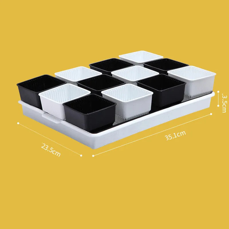Meishi Controlled Root Flower Pot showing black and white resin pots with tray