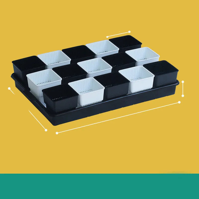 Meishi Controlled Root Flower Pot showing black and white resin pots with tray