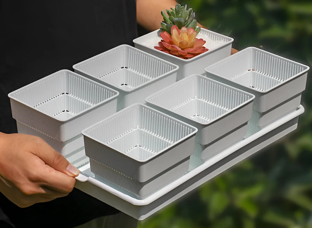 Meishi Controlled Root Flower Pot showing black and white resin pots with tray