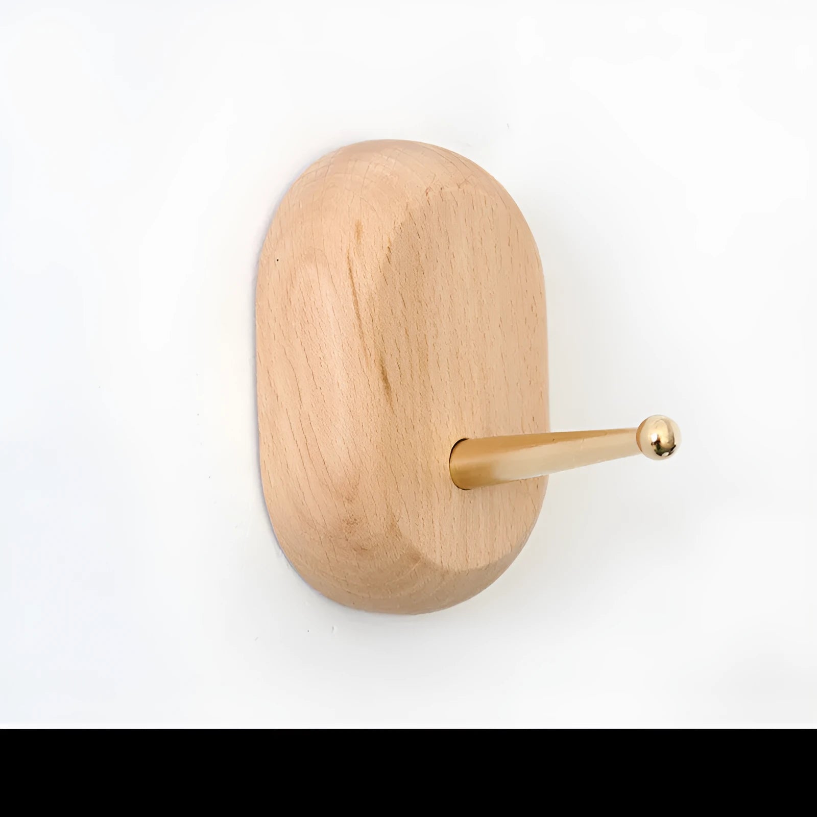 Beech wood adhesive wall hook with brass hook in five shape options including round, capsule, oval, diamond and square