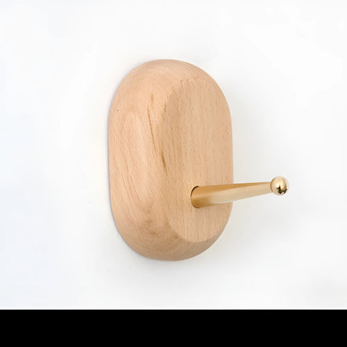 Beech wood adhesive wall hook with brass hook in five shape options including round, capsule, oval, diamond and square
