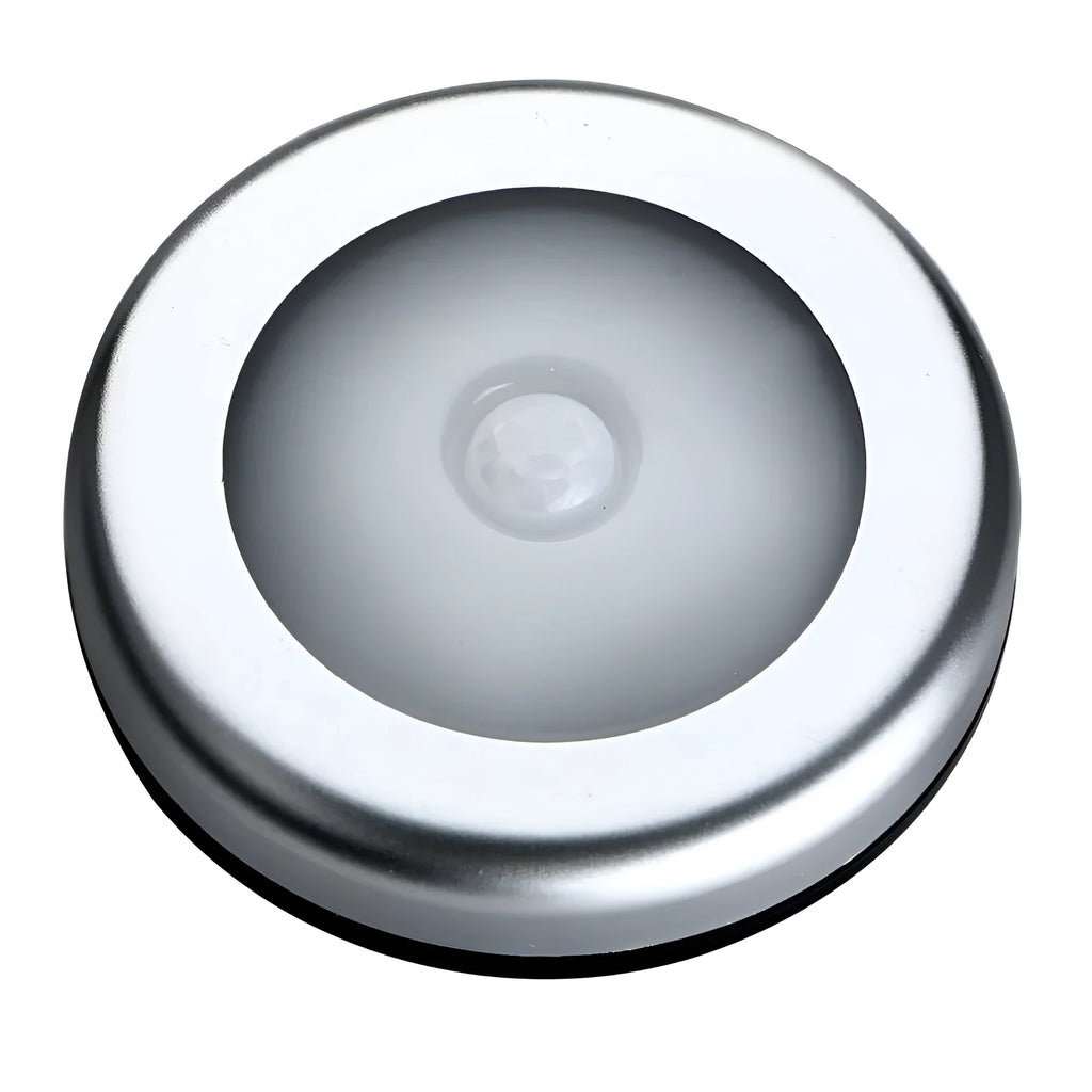 Silver wireless motion sensor night light with PC plastic lampshade measuring 80mm