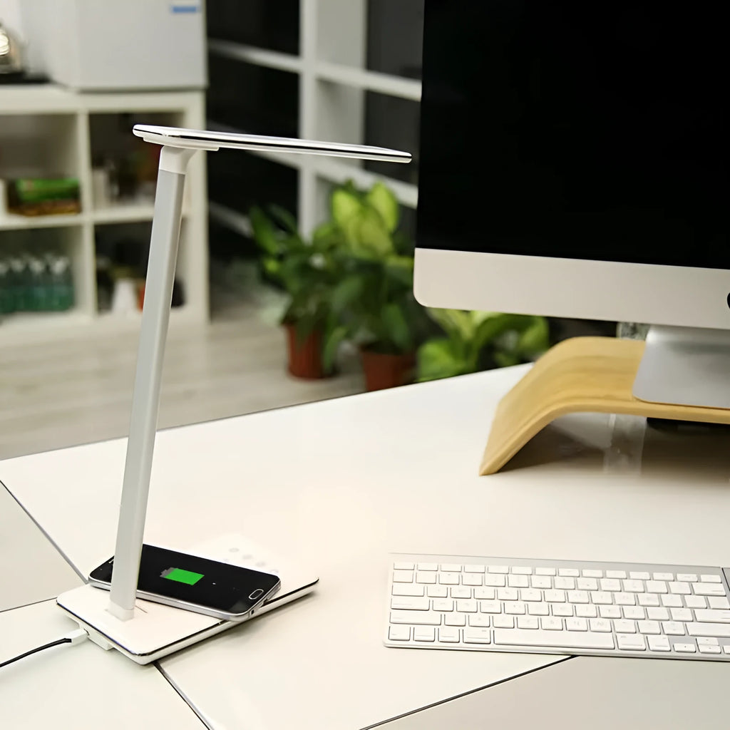 Wireless charging desk lamp in black or white with touch control and LED lighting