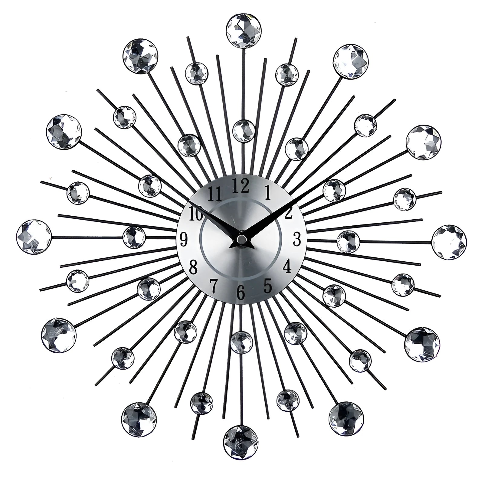 Large silver round wall clock with metal construction and aluminium dial measuring 33cm