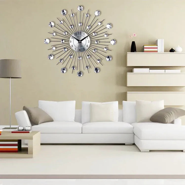 Large silver round wall clock with metal construction and aluminium dial measuring 33cm