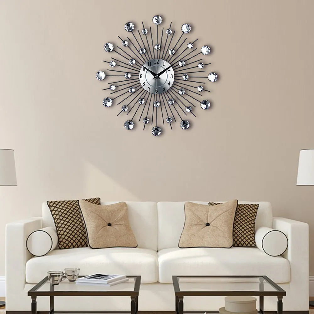 Large silver round wall clock with metal construction and aluminium dial measuring 33cm