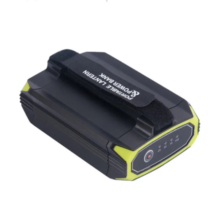 Green rechargeable camping light with USB port showing dimensions 130x90x47mm