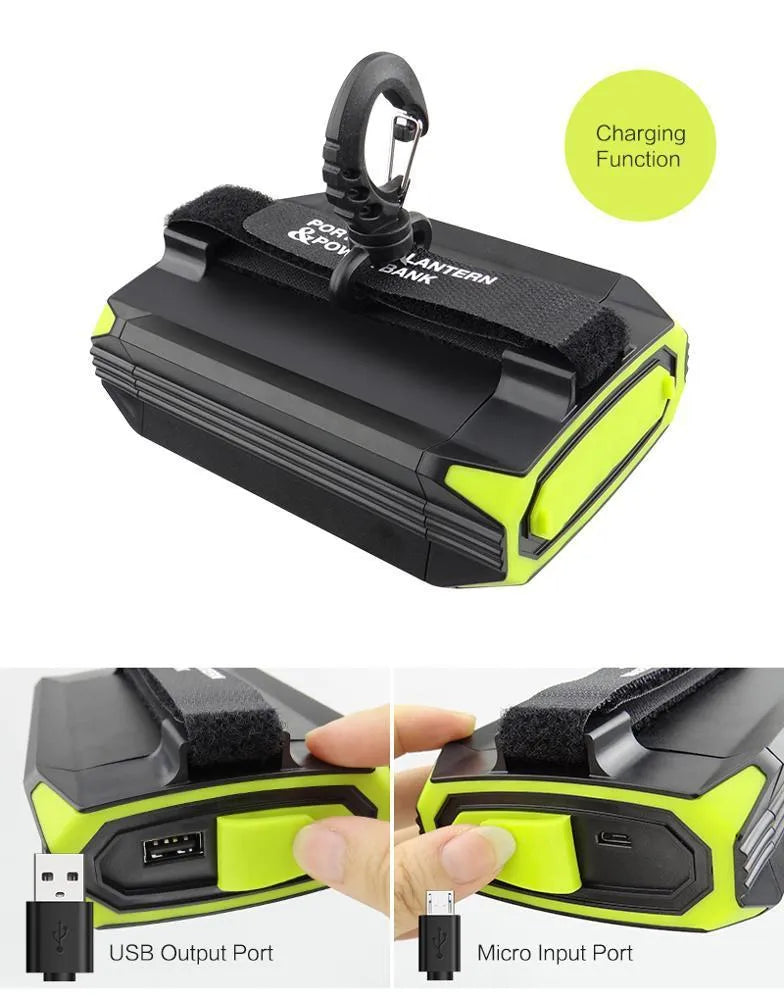 Green rechargeable camping light with USB port showing dimensions 130x90x47mm