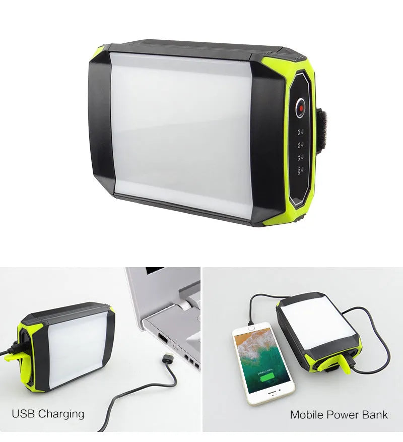 Green rechargeable camping light with USB port showing dimensions 130x90x47mm