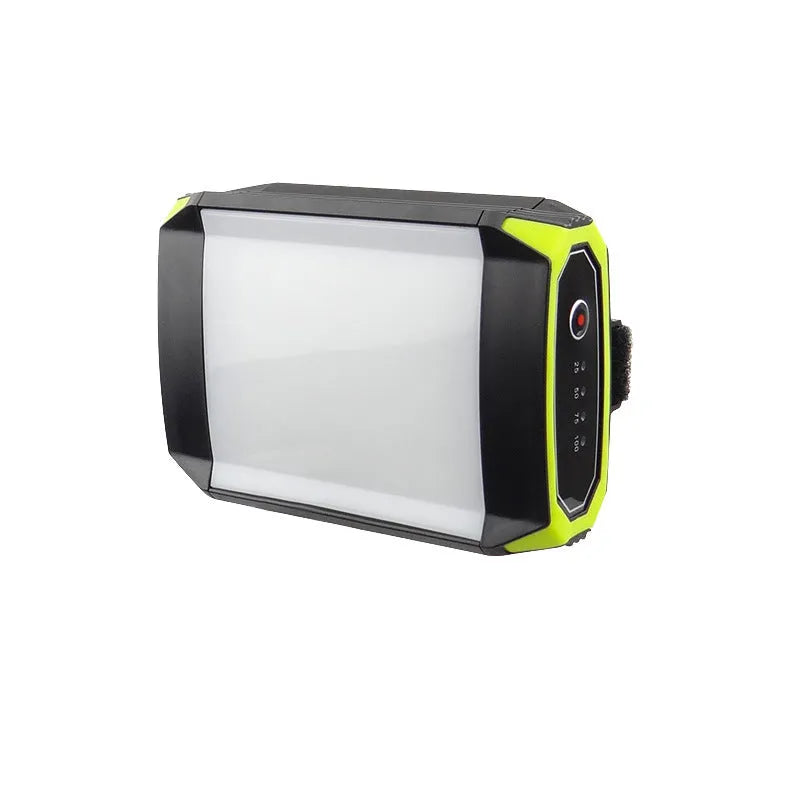 Green rechargeable camping light with USB port showing dimensions 130x90x47mm