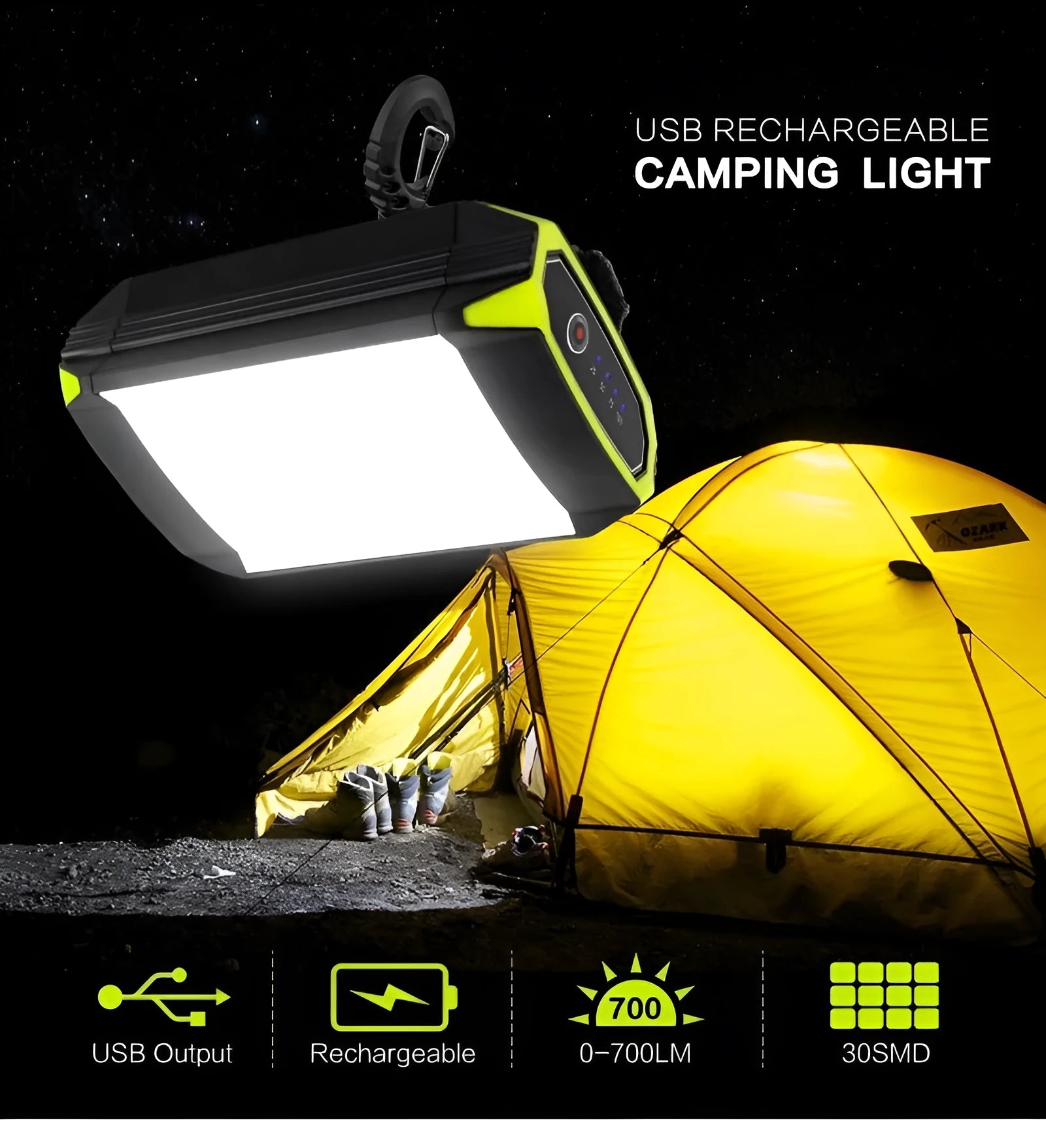 Green rechargeable camping light with USB port showing dimensions 130x90x47mm