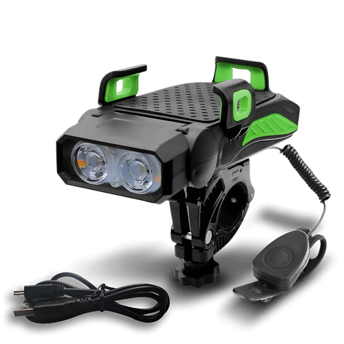 Rechargeable bicycle light mounted on handlebars showing glare flashlight function