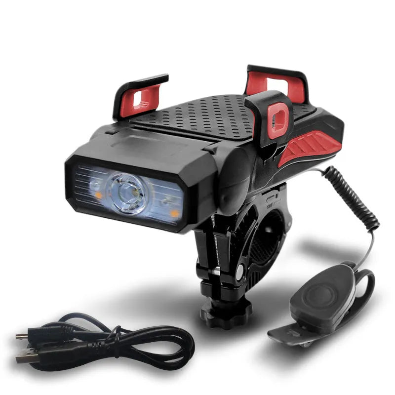 Rechargeable bicycle light mounted on handlebars showing glare flashlight function