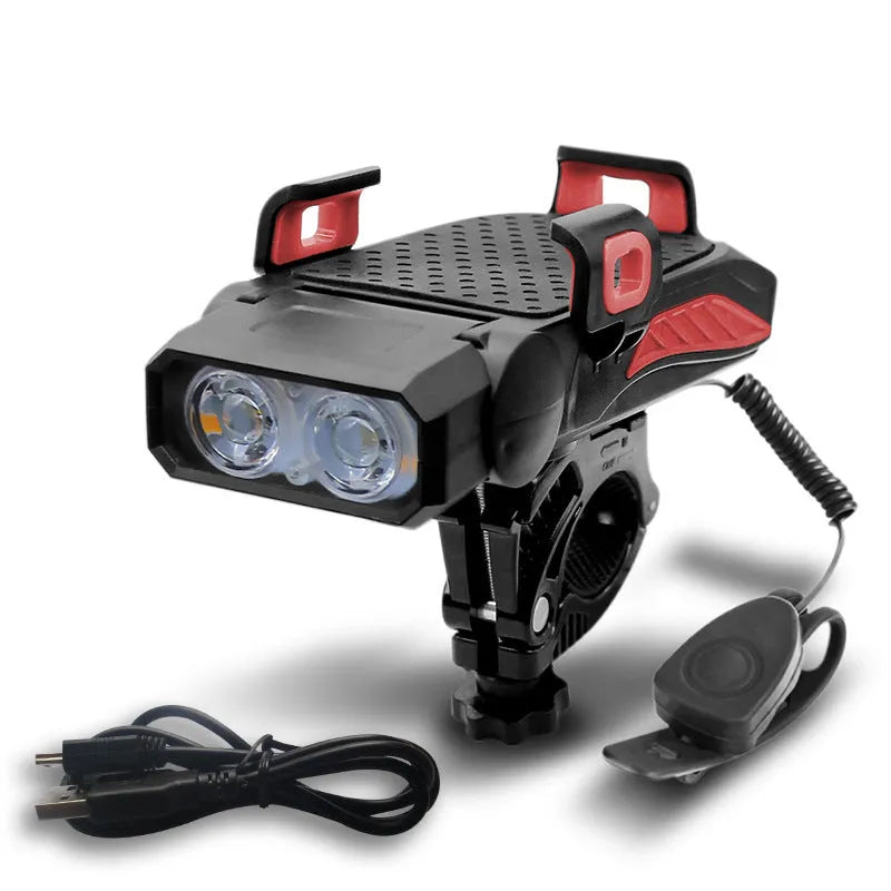 Rechargeable bicycle light mounted on handlebars showing glare flashlight function
