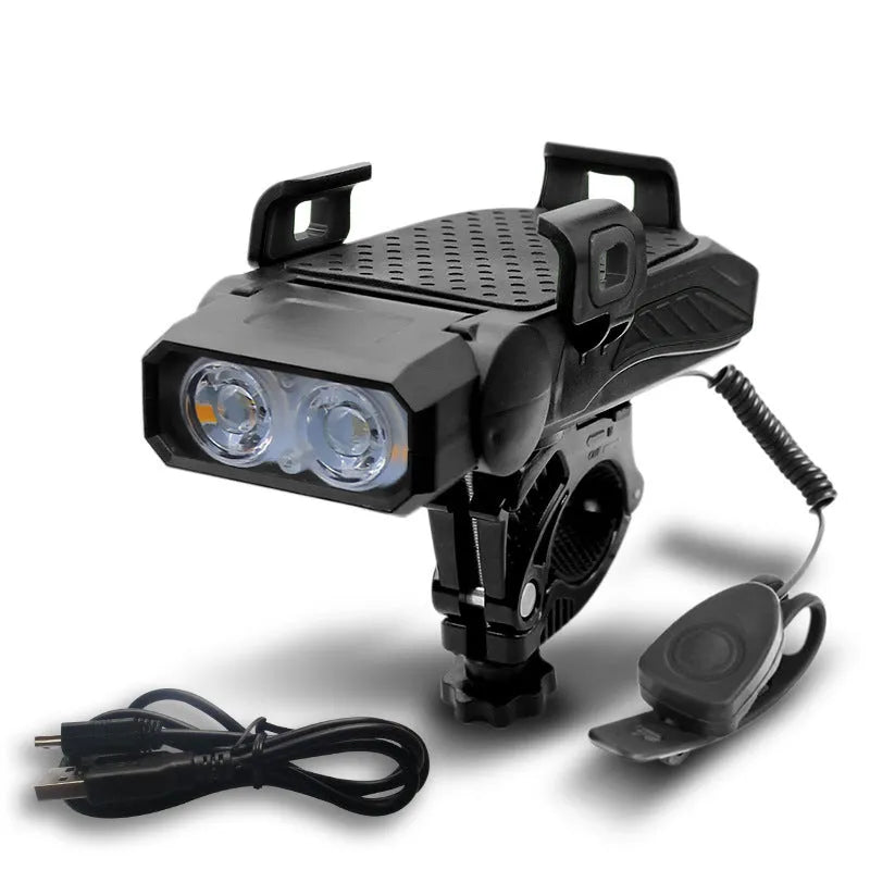 Rechargeable bicycle light mounted on handlebars showing glare flashlight function