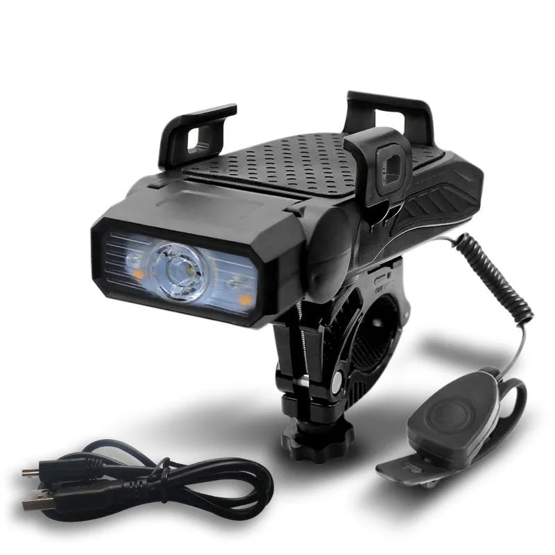 Rechargeable bicycle light mounted on handlebars showing glare flashlight function