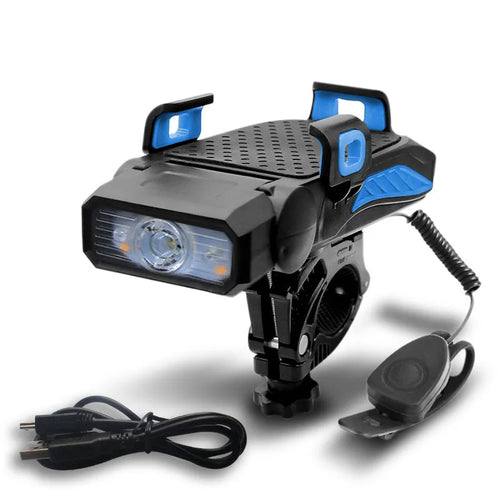 Rechargeable bicycle light mounted on handlebars showing glare flashlight function