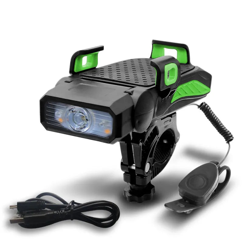 Rechargeable bicycle light mounted on handlebars showing glare flashlight function