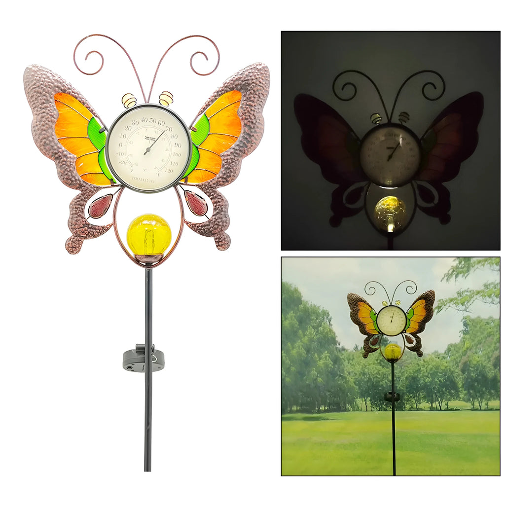 Solar thermometer garden stake with butterfly design and temperature dial, 30x6x110 cm