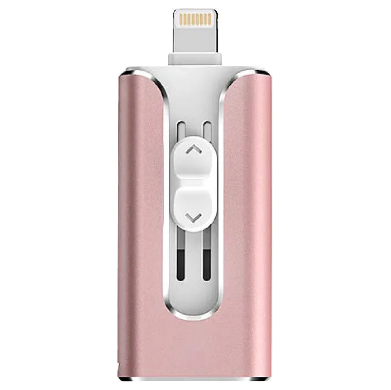 Metal USB flash drive with both USB and Apple Lightning connectors shown in black finish.