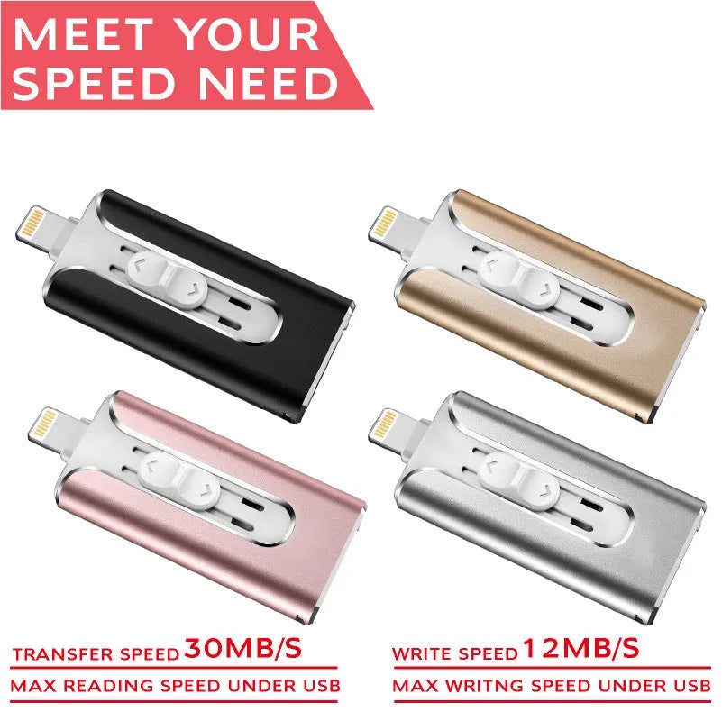 Metal USB flash drive with both USB and Apple Lightning connectors shown in black finish.