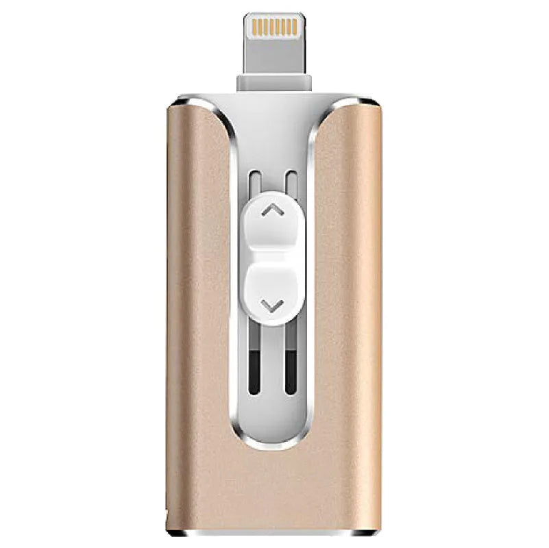 Metal USB flash drive with both USB and Apple Lightning connectors shown in black finish.