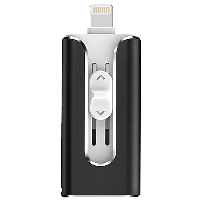 Metal USB flash drive with both USB and Apple Lightning connectors shown in black finish.