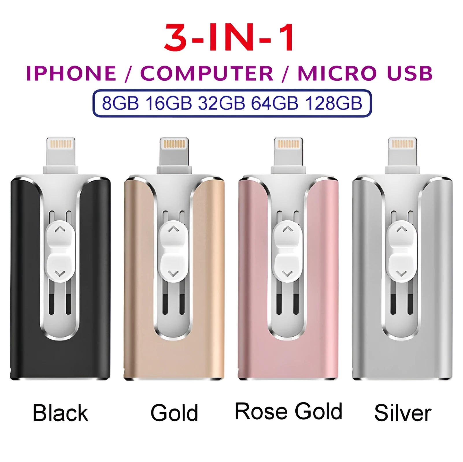 Metal USB flash drive with both USB and Apple Lightning connectors shown in black finish.